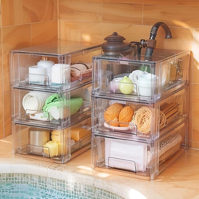 Small Stackable Clear Acrylic Storage Drawers(6 Pack) with Handles,Plastic Organizer Bins for Fridge Bathroom Kitchen Cabinet Pantry Coffee bar Undersink Office Closet Storage Bins
