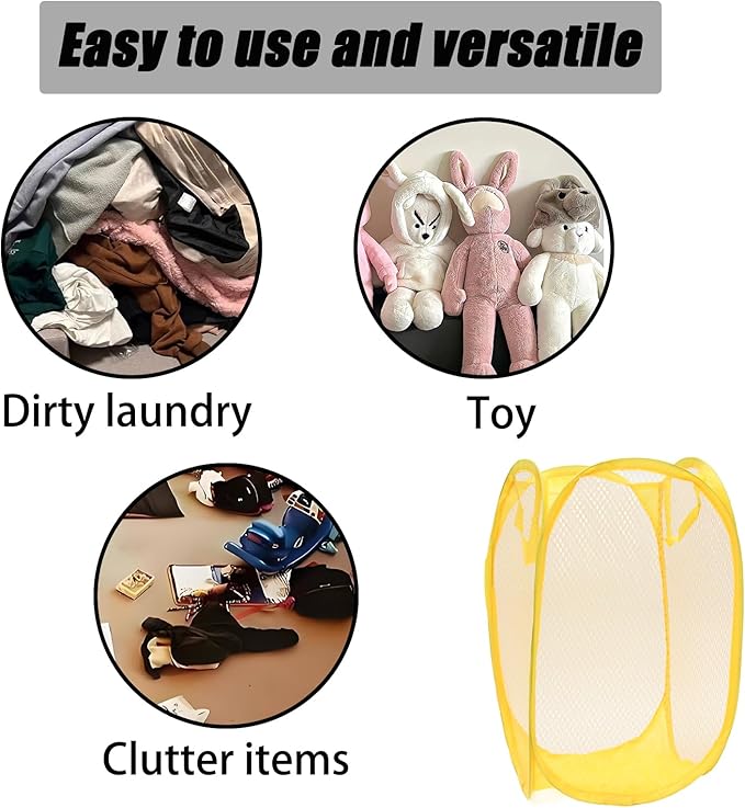 2Pcs Small Laundry Hampers, Folding Popup Mesh Laundry Basket, Collapsible Dirty Clothes Hamper, Portable Mesh Popup Hamper, Ideal for Bedroom, Travel and Home Use (Pink & Yellow)