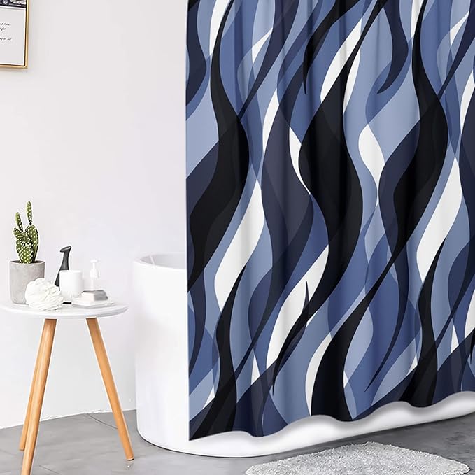 Blue Shower Curtain Set with Toilet Lid Cover and Non-Slip Rugs for Bathroom, Geometric Lines Ombre 4 Pcs Shower Curtain, Simple Abstract Modern Bathroom Set with 12 Hooks