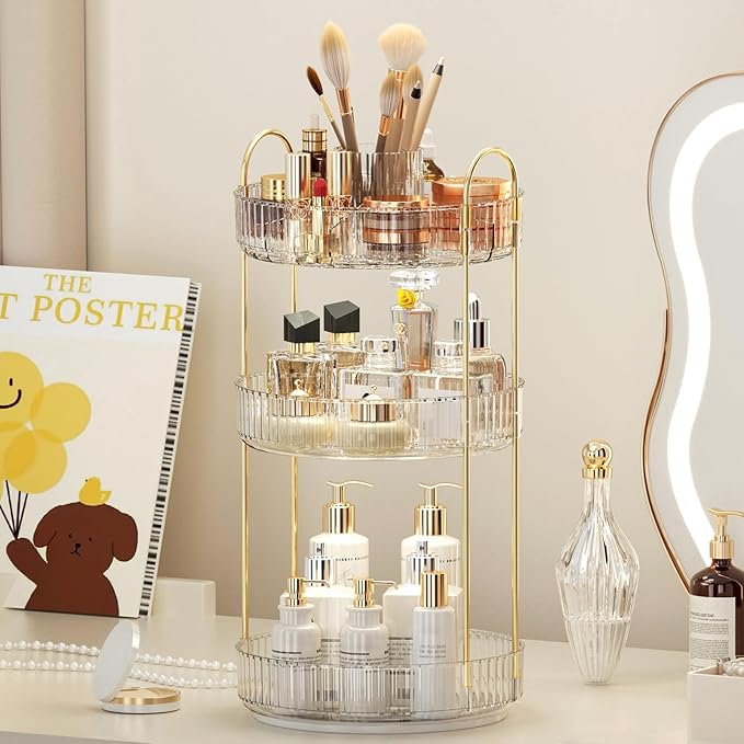 360° Rotating Makeup Organizer, Upgraded 3 Tier Skincare Perfume Organizers for Women, Bathroom Organizer Countertop, Clear Cosmetic Dresser Organizer with Makeup Brush Holder, Sink&Counte (Clear)
