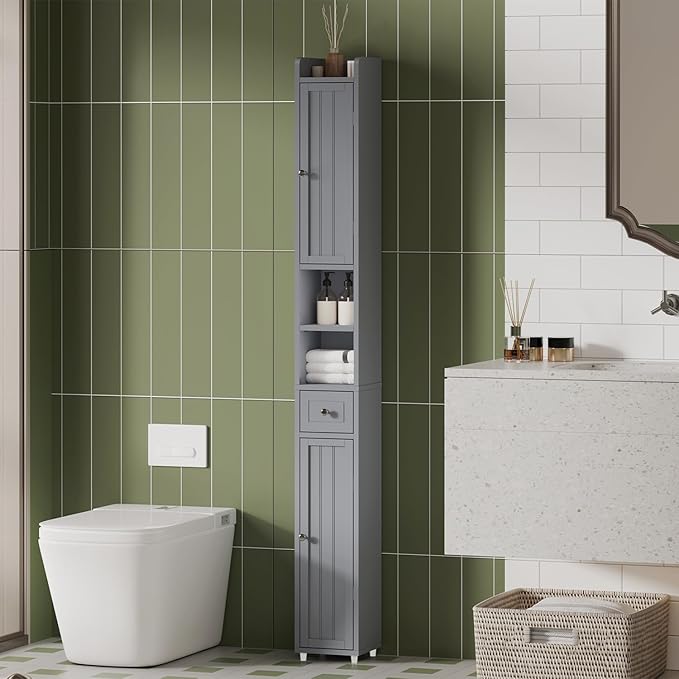 ChooChoo Narrow Bathroom Storage Cabinet with Adjustable Shelves, Tall Storage Cabinet with 2 Doors and 1 Drawer, Freestanding Cupboard for Small Spaces, Grey