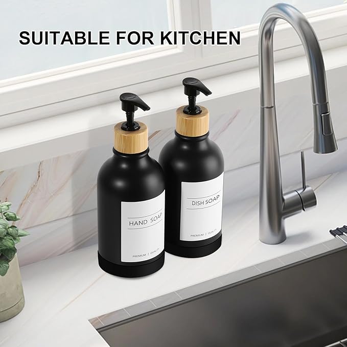 KASUNTING Hand Soap Dispenser Bathroom with Anti-Slip Silicone Boot, Black Dish Soap Dispenser for Kitchen, 2 Pack 17 Fl Oz Plastic Hand and Dish Soap Dispensers Set with Bamboo Pump