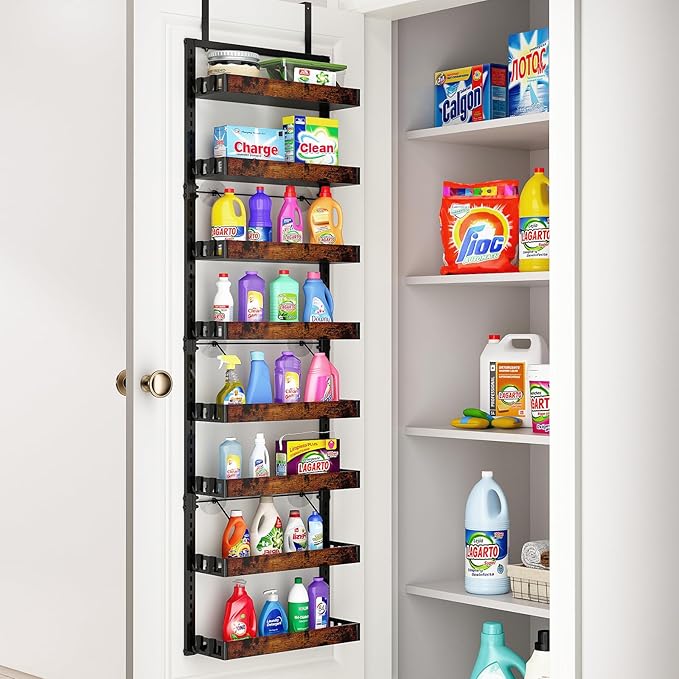 BUKFEN 8-Tier Over the Door Pantry Organizer, 2-in-1 Door Hanging or Wall Mounted Spice Rack, Heavy Duty Metal Storage Shelves with Adjustable Wooden Baskets for Kitchen Bathroom Closet