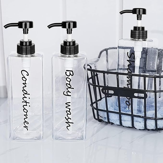 Shampoo Dispenser - Refillable Shampoo and Conditioner Bottles (Clear, Set of 3, 21oz) - Modern Shampoo Bottles for Shower Soap - Empty Shampoo Conditioner Body Wash Dispenser (Black) (White)