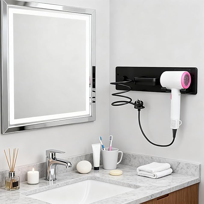Hair Dryer Holder Wall Mounted 3 in 1 Bathroom Hair Tool Organizer Rack with Curling Iron Holder & Flat Iron Holder Blow Dryer Holder for Universal Dryer, Matte Black