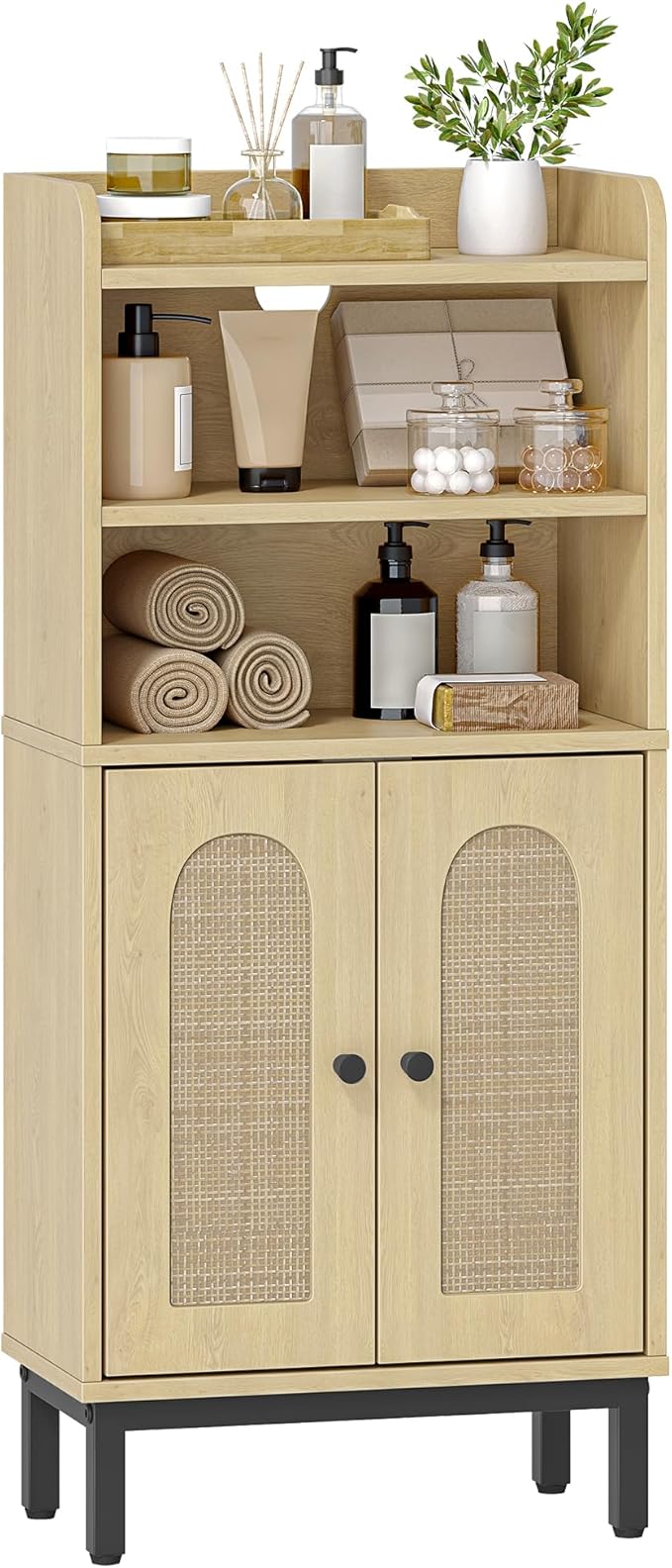 Hzuaneri Bathroom Storage Cabinet, Small Floor Cabinet with 2 Door and Shelves, Toilet Paper Cabinets, Bathroom Organizer with Adjustable Shelf, for Small Spaces Rattan Black 7.1" Dx14.6 Wx32.7 H