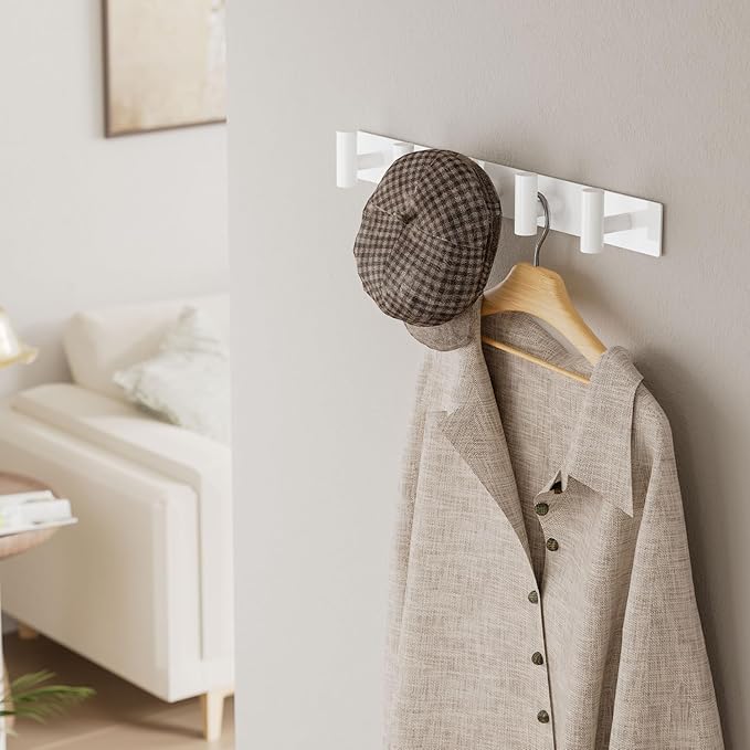 GWAAZXGZ White Wall Mounted Coat Rack – 5 T-Shaped Pegs for Hats, Bags & Towels, Heavy-Duty Metal Rail for Entryway, Bathroom, Closet, Bedroom (2 Pack)