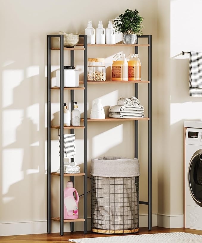 HOOBRO Over The Toilet Storage, 8-Tier Bathroom Organizer Over Toilet Shelf, Storage Rack Above Toilet Stand, Freestanding Space Saver, Toilet Paper Holder, Rustic Brown and Black BF86TS01