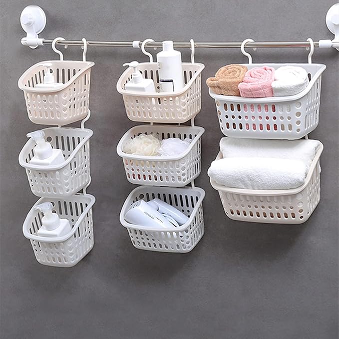 5PCS Plastic Hanging Baskets for Shower, Hanging Basket Organizer with Hooks, Rectangle 10.6Inches Small Hanging Storage Basket (Grey)