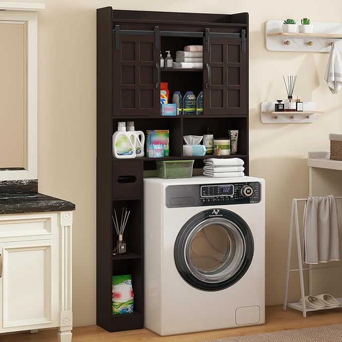Halitaa Over The Toilet Storage Cabinet, Farmhouse Storage Cabinet Over Toilet with Sliding Doors,Home Space-Saving Toilet Rack, for Bathroom, Restroom, Laundry. Espresso