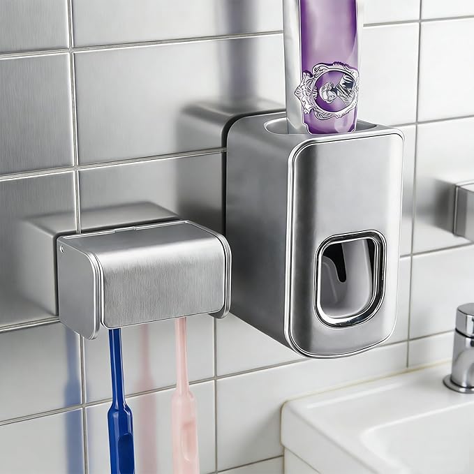 Toothbrush Holder Wall Mounted with Cover for Bathroom, 2 Slots Toothbrush Storage Organizer for Shower, Self Adhesive Toothbrush Hanger with Automatic Toothpaste Squeezer Dispenser