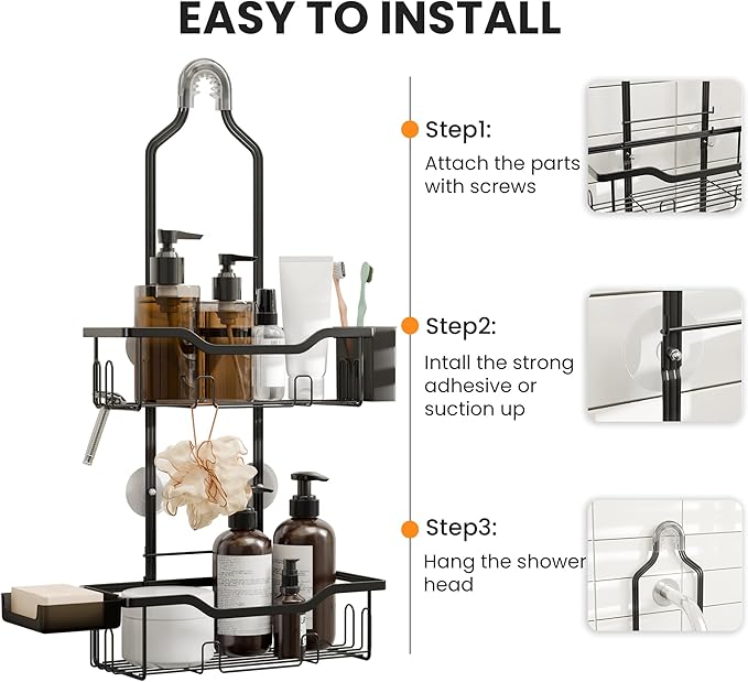 Shower Caddy Hanging 2-Tier Shower Organizer for Tall Showerhead,Rustproof Over Shower Head Rack,No Drill Bathroom Shower Caddy with Soap Dish,Toothbrush Holder and Hooks, Black
