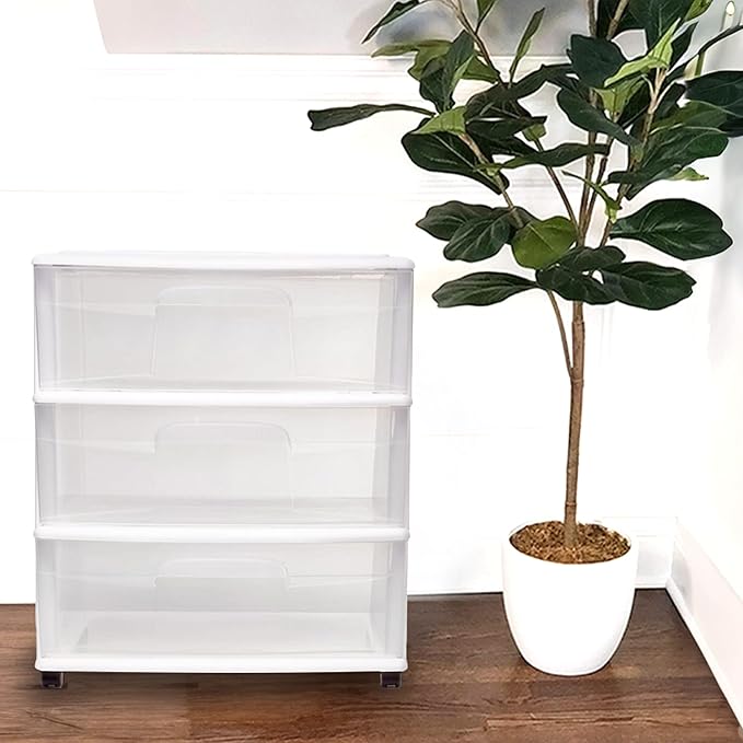 HOMZ Drawer Tower, 3-Tier Wide Rolling Storage Cart with Removable Wheels, White Frame – Plastic Organizer with Clear Bin Drawers for Bedroom, Bathroom, Home Office, and Dorm Room