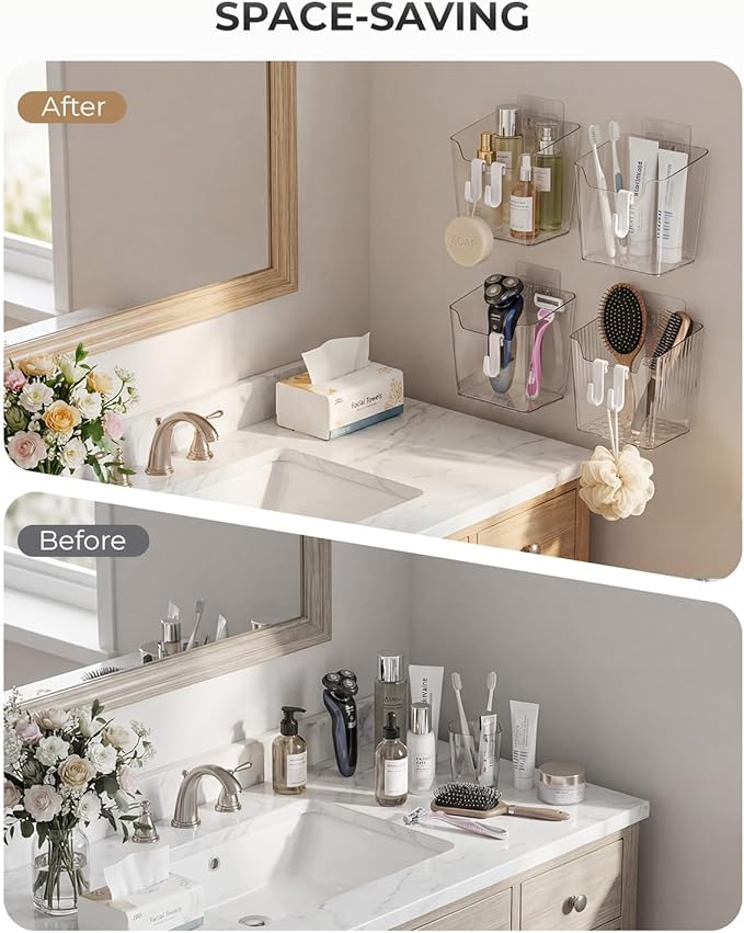 Wall Mount Organizer, 6 Hooks and 4 Pack Cabinet Door Storage Bins, Space-Saving Adhesive Bathroom Wall Organizer, Wall Storage for Office, Cabinet, Pantry, Kitchen, Makeup