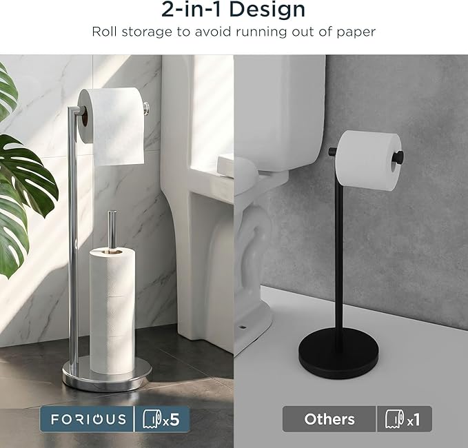FORIOUS Toilet Paper Holder Stand, Modern Freestanding Tissue Roll Holder for Bathroom, Durable SUS 304 Stainless Steel and Weighted Base Toilet Paper Stand, Storage for 4 Rolls, Polished Chrome