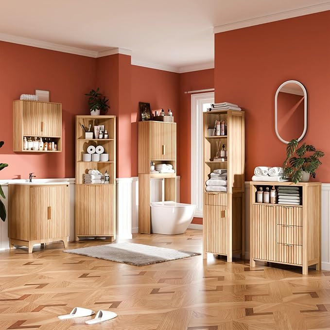 VINGLI 68" Tall Corner Cabinet with Fluted Door, Natural Oak Corner Storage Cabinet with Adjustable Shelves, Freestanding Bathroom Corner Cabinet with 30mm Thick-Look Top & Square Legs