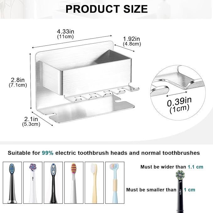 Toothbrush Head Holders, Electric Tooth Brush Head Holder, Adhesive Toothpaste Holder for Shower Bathrooms, Wall Mounted Tooth Brushing Holder Organizer Storage (Silver, Small)