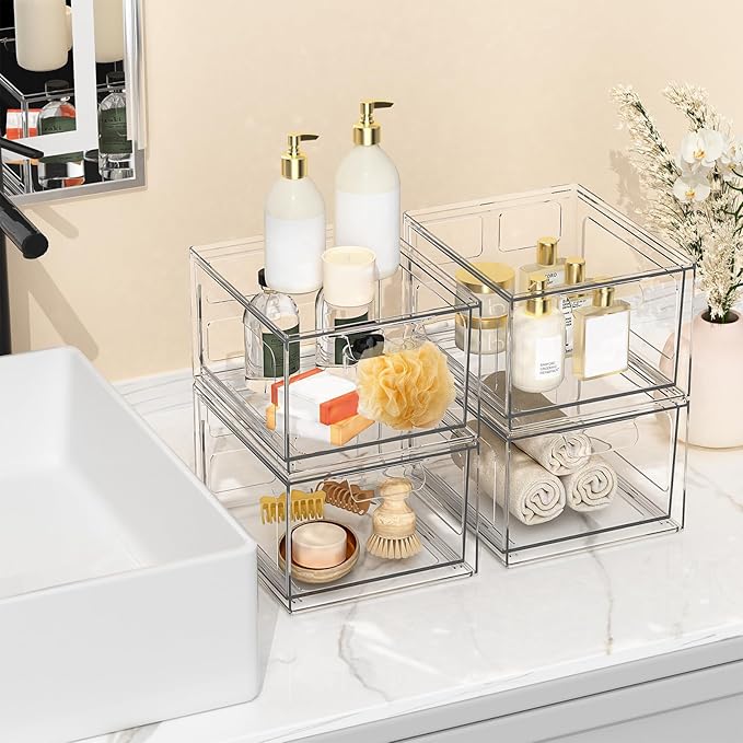 SpaceHacks 6 Pack Stackable Plastic Makeup Organizer Drawers, Acrylic Organizers, Clear Storage Bins with Pull-Out Handles for Vanity, Kitchen Cabinets, Pantry
