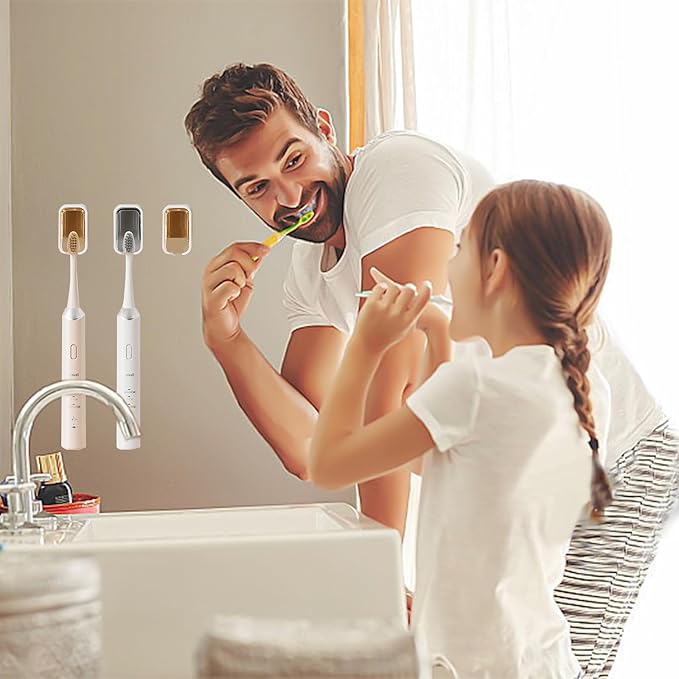 4 Pack Toothbrush Holders for Bathroom, Self Adhesive Wall Mounted Toothbrush Holder with Cover, Single Toothbrush Dispenser Storage Organizer for Family, Travel, Waterproof and Dustproof (Brown)