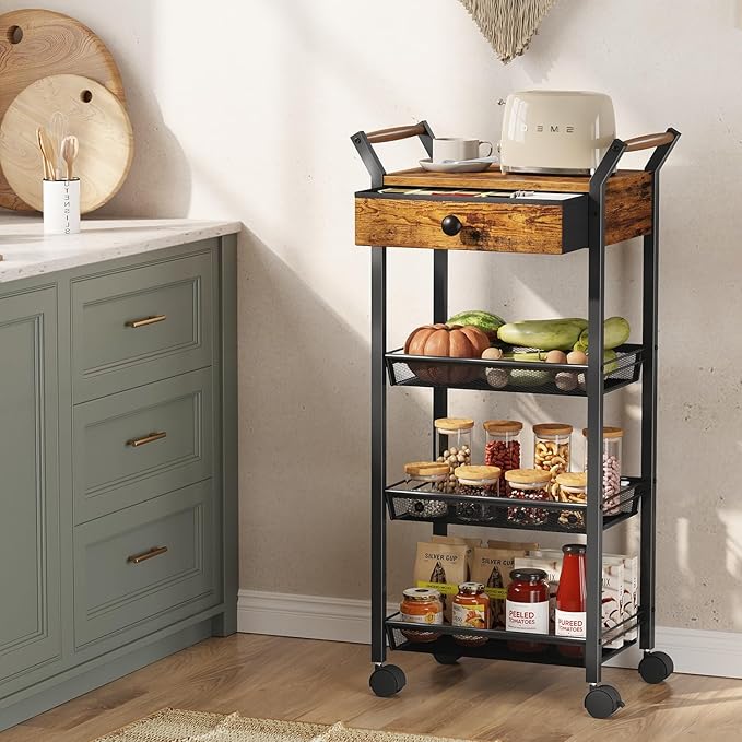 Asgolion Large Fruit Vegetable Storage Cart, 5-Tier Kitchen Rolling Cart with Wheels & Drawer, Metal Wire Storage Basket Organizer Baskets for Kitchen, Pantry, Bathroom