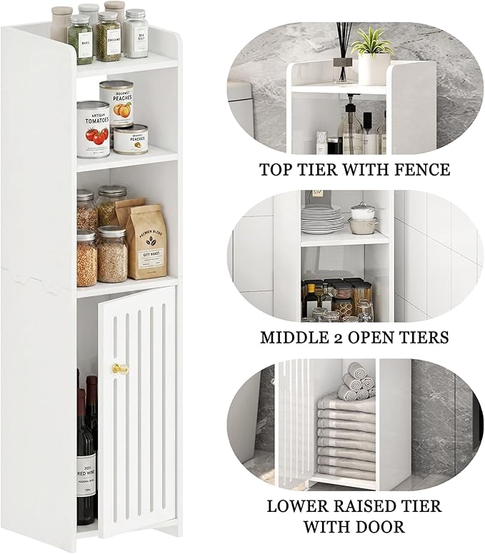 Narrow Bathroom Storage Cabinet, 4-Tier Slim Bathroom Organizers with Door and Open Shelf for Toilet Bathroom Small Spaces (7.9" D x 7.9" W x 31.5" H)
