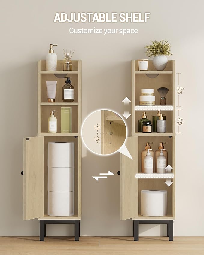 Hzuaneri Bathroom Storage Cabinet, Small Corner Floor Cabinet with Door and Shelves, Narrow Toilet Paper Holder, Bathroom Organizer with Adjustable Shelf, for Small Spaces, Rattan Yellow BC08202Y