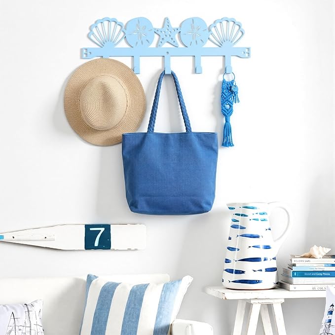 AceOrbit Blue Beach Over The Door Hooks Seashells and Starfish Wall Mount Bathroom Towel Hanger Decorative Nautical Coastal Door Holder Rack with 5 Hooks Hanging for Coat Keys Bags Home Room Decor