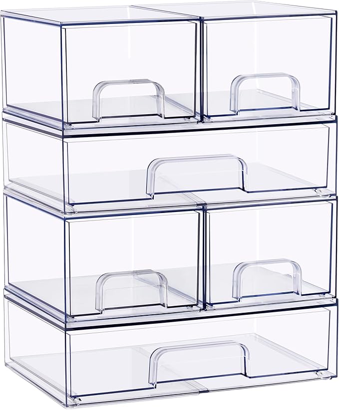 Sorbus Stackable Acrylic Storage Drawers – 4 Small + 2 Wide – 6 Pack Clear Plastic Organizer Bins for Baby Bottles, Makeup, Bathroom & Vanity, Pull-Out Drawer Design for Kitchen Cabinets