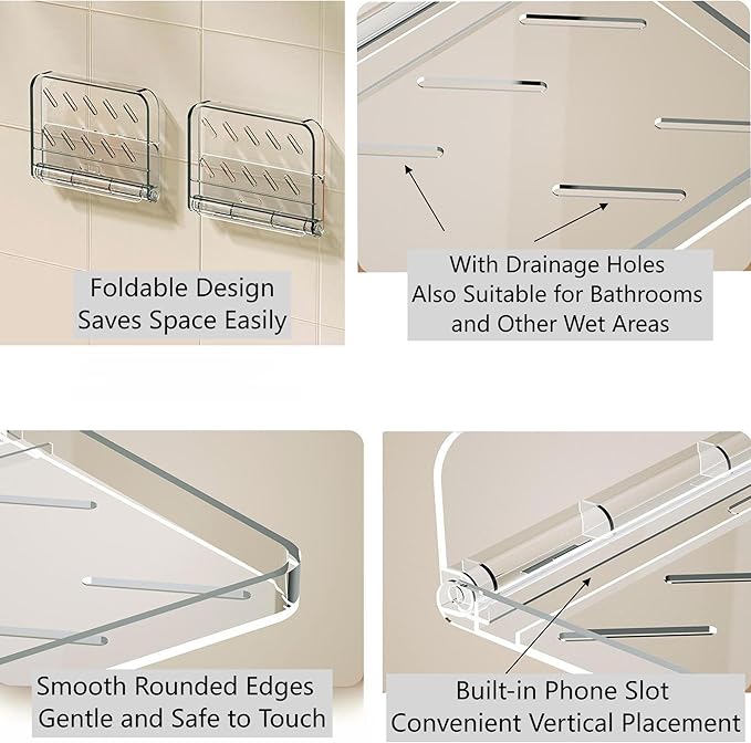 Foldable Wall Mounted Adhesive Shelf, No Drilling Plastic Storage Rack with Cord Hole,Drain Holes,Stick on Shelf for Bathroom, Kitchen, Bedroom and Living Room (Clear,Small)