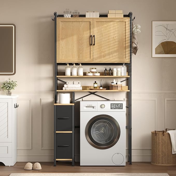 Over the Toilet Storage Cabinet with Doors, 2 Large Drawers & 6 Hooks, Over the Toilet Organizer with Toilet Paper Holder, Over the Toilet Storage for Bathroom, Laundry Room, Natural