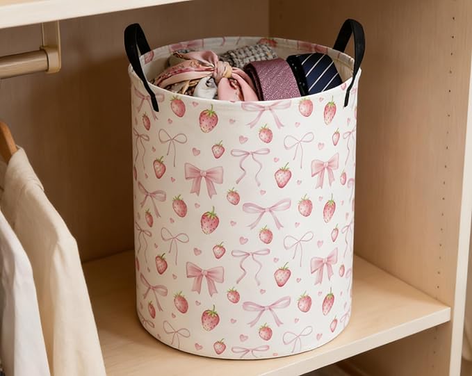 ESSME Kids Laundry Basket,Strawberry Hamper Collapsible Canvas Waterproof Storage Bin for Girls, Cute Hamper,Gift Baskets(Strawberry)