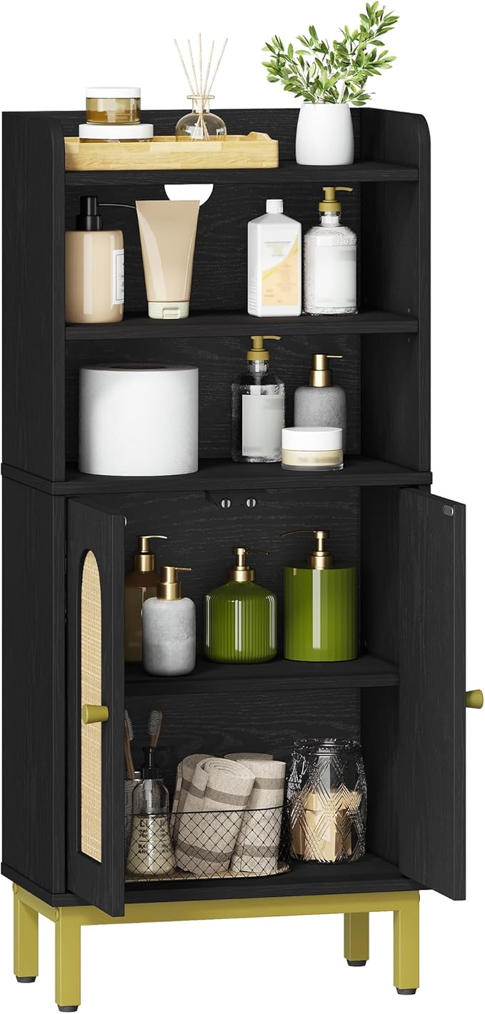 Hzuaneri Bathroom Storage Cabinet, Small Floor Cabinet with 2 Door and Shelves, Toilet Paper Cabinets, Bathroom Organizer with Adjustable Shelf, for Small Spaces Rattan Black 7.1" Dx14.6 Wx32.7 H