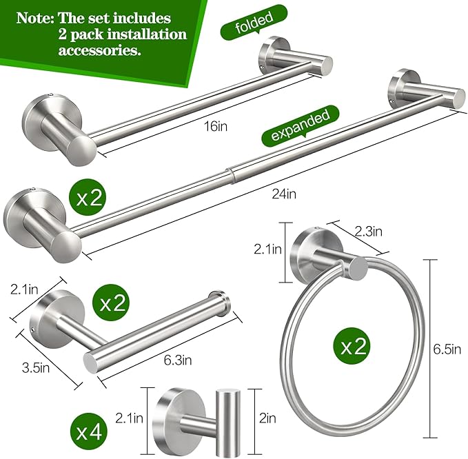 10pcs Brushed Nickel Bathroom Hardware Set, Including 2pcs 24in Retractable Hand Single Towel Bar with 2pcs Toilet Paper Holders, 2pcs Towel Rings 4pcs Multifunctional Robe Hooks