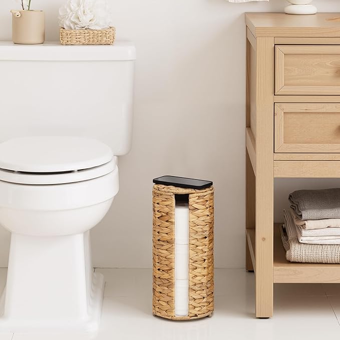StorageWorks Water Hyacinth Free Standing Toilet Paper Holder Stand for Bathroom, 3 Rolls of Toilet Tissue Storage with a Built-in Cloth Lining, Toilet Roll Holder Stand with Lid