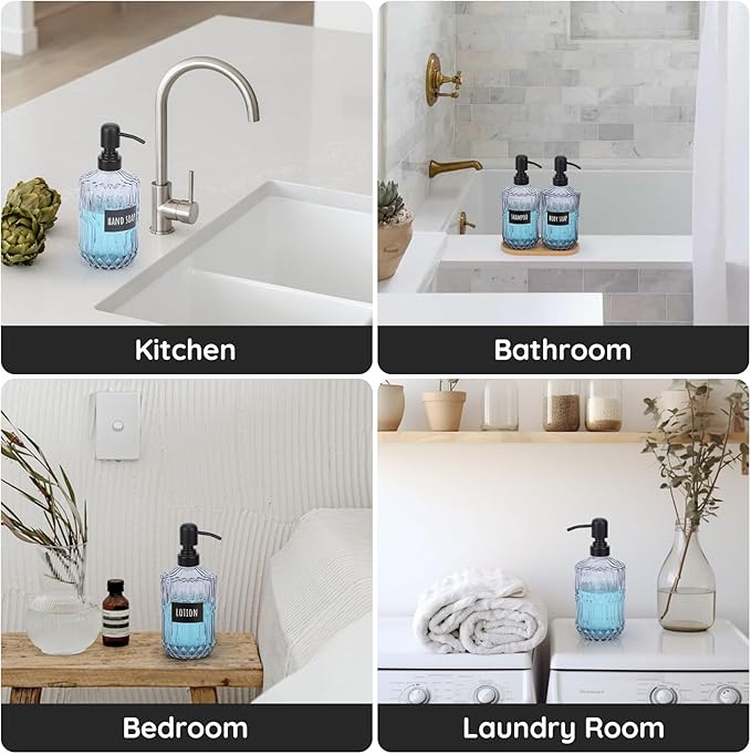 Segbeauty Glass Soap Dispenser Refillable, 2 Pack 15.2oz Modern Farmhouse Decor Pump Bottles with Labels, 450ml Western Decor Hand Soap Dispenser Set Liquid Gel Container for Bathroom Kitchen Gray