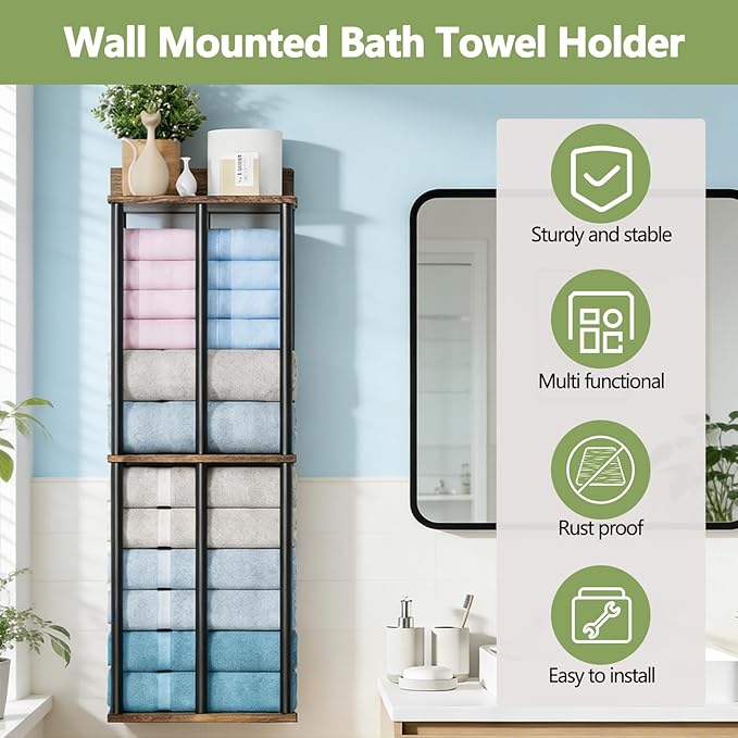 Towel Racks for Bathroom Wall Mounted with Shelf, Updated 3 Bar Bathroom Towel Holder Bath Storage Rack for Rolled Towel, Metal Small Bathrooms Towel Storage Rack, Rustic