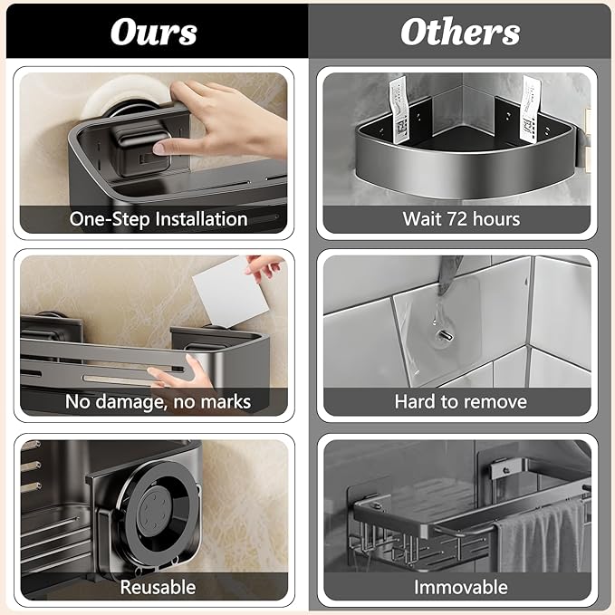 Shower Caddy Suction Cup, 2 Pack No Drilling Square Shower Shelves Aluminum Alloy Removable Bathroom Suction Showers Organizer Storage Rack with Towel Bar & Hooks(Gray)