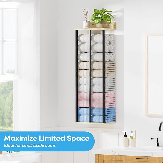 Towel Racks for Bathroom Wall Mounted, 3 Bar Wall Towel Rack for Rolled Towels, Metal Towel Holder with Wooden Shelf, Sturdy and Large Capacity, Towel Storage Organizer