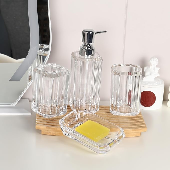 4-Piece Bathroom Accessories Set - Crystal Clear Acrylic, Glass-Like Clarity - Soap Dispenser, Soap Dish, Mouthwash Cup & Toothbrush Holder - Countertop Organizer, Matches Any Decor
