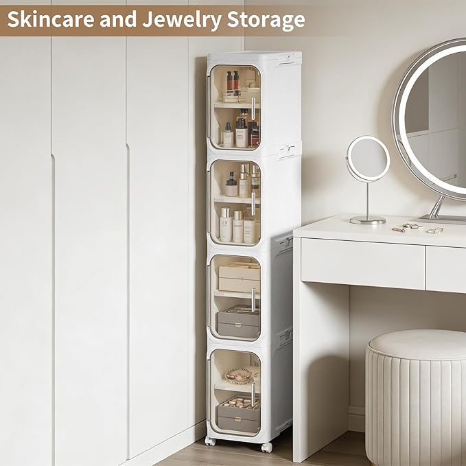 LXLXXL Narrow Storage Cabinet Slim Bathroom Storage Cabinet with Movable Wheels Tall Bathroom Organizer Skinny Cabinet for Small Spaces,2-Tier White
