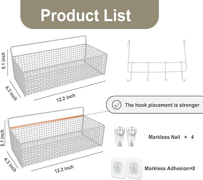 2 Pack Hanging Wall Wire Baskets,Metal Wire Storage Bin Rack for Kitchen Bathroom Shower Spice Shelf (White)