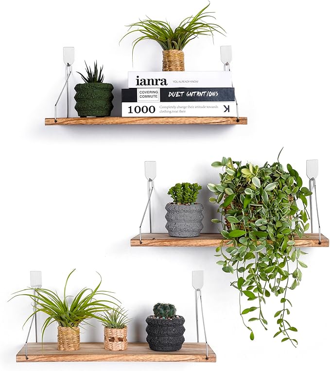 Floating Shelves Set of 3 Rustic Solid Wood Floating Shelf Wall Storage Shelves for Living Room, Bedroom, Bathroom, Kitchen Laundry, Office,no Drill Shelf(Light Color L+L+L)