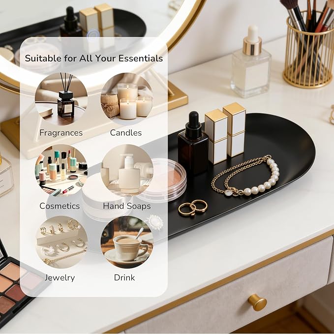2 Pack Stainless Steel Decorative Tray, 12 Inch Oval Vanity Tray for Jewelry, Small Storage Plate for Cosmetics Organizer Bathroom Key Candle (Black)