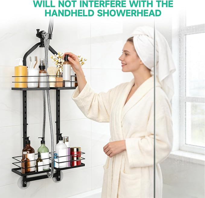 Shower Caddy Hanging for Handheld Showerheads Adjustable Hagging Shower Caddy, Stainless Steel Hose Hanging Shower Organizer 4 Levels Height Shower Rack(black