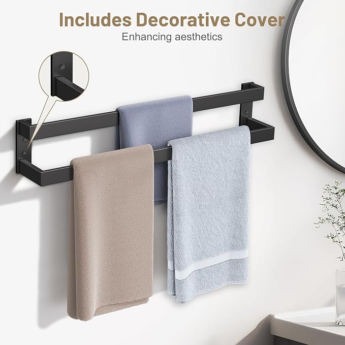 Double Towel Bar,Towel Holder for Bathroom Stainless Steel Towel Rack Wall-Mounted Bathroom Towel Bar 24-Inch Bathroom Hardware Accessories,Matte Black