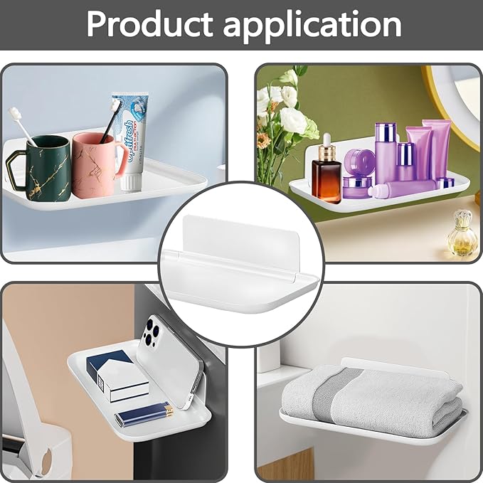2 Pack White PP Folding Wall Shelf, 6.8" x 4.3" & 11" x 6.3" Foldable Adhesive Shelves, Small Fold-Down Wall Storage Tray for Bathroom Toilet Kitchen Phone Towel