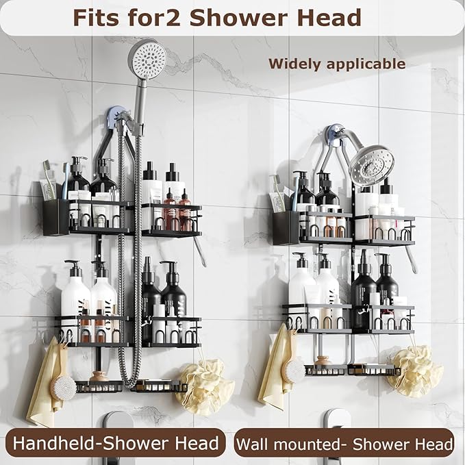 Adjustable Shower Caddy Hanging Rustproof Shower Caddy Shower Organizer for Over Handheld or Fixed Shower Heads with Hooks Soap Holder Toothbrush Holder