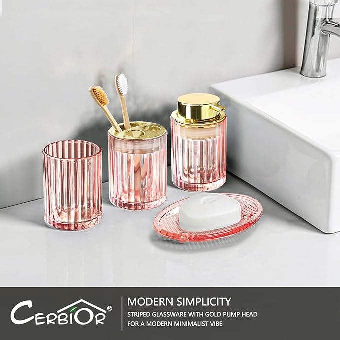 CERBIOR Bathroom Accessories Set, 4 Pcs Glass Accessories Sets Includes Soap Dispenser, Toothbrush Holder, Toothbrush Cup, Soap Dish for Decorative Countertop and Housewarming Gift,Golden Pink
