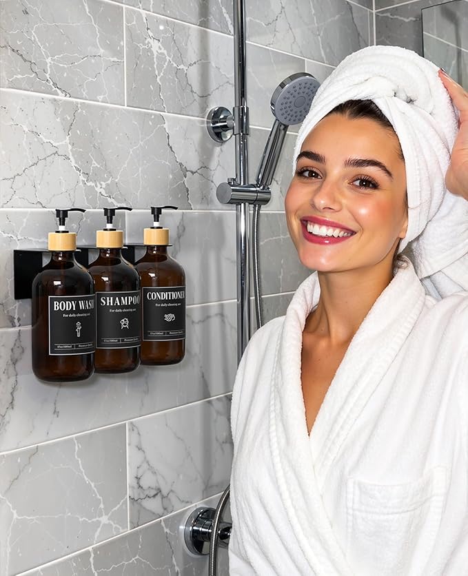 Luxspire Shampoo and Conditioner Dispenser, Shower Soap Dispenser Wall Mounted 3 Sets Plastic Bottles Bamboo Pump, 17OZ Shampoo and Conditioner Bottles for Bathroom, Shower Wall and Hotel, Amber