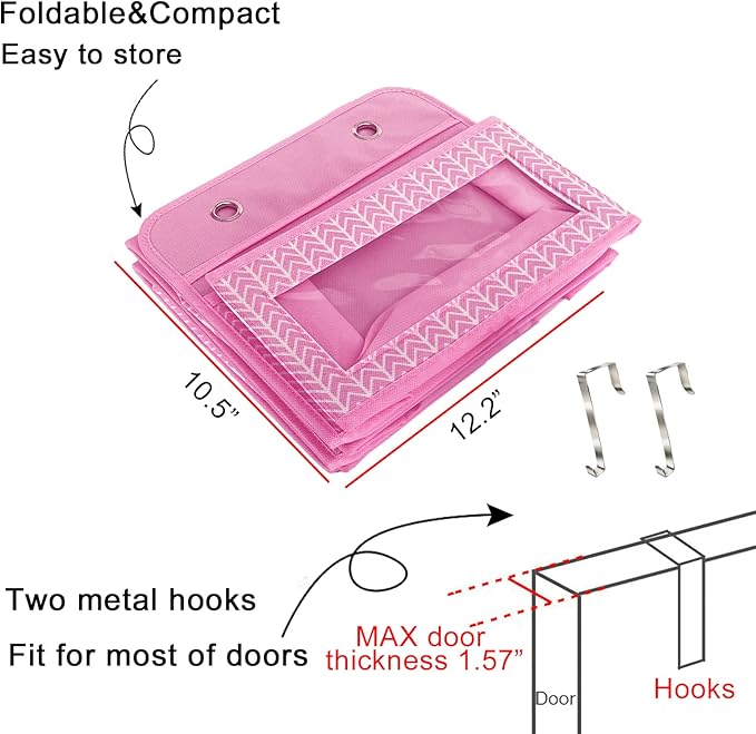 Over The Door Hanging Organizer with 5 Large Pockets - Wall Mount Pantry Storage with 2 Big Metal Hooks for Baby Girl’s Diapers Closet, Bathroom, Nursery, Bedroom, Dorm, Baby, Kids Toys (Pink)